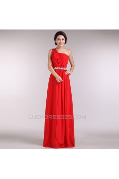 A-Line One-Shoulder Beaded Long Red Chiffon Prom Evening Formal Dresses ED011195