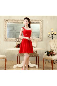 A-Line One-Shoulder Beaded Short Red Chiffon Prom Evening Formal Dresses ED011200
