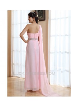 A-Line One-Shoulder Long Pink Chiffon Prom Evening Bridesmaid Dresses ED011210