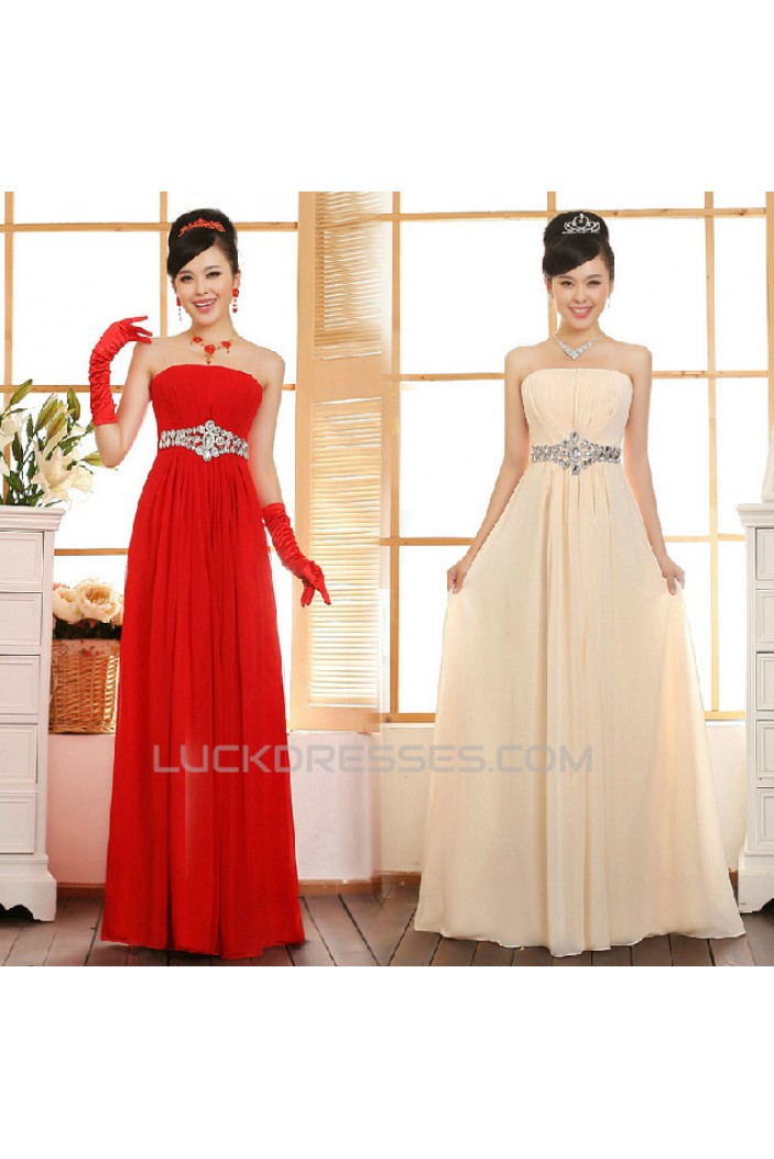 A-Line Strapless Beaded Long Chiffon Prom Evening Formal Dresses ED011218