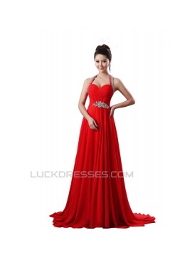 A-Line Halter Beaded Red Chiffon Prom Evening Formal Dresses ED011226