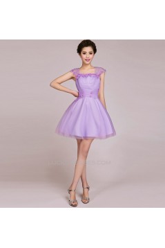 A-Line Cap-Sleeve Short Tulle Prom Evening Formal Bridesmaid Dresses ED011234