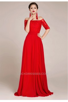 A-Line Off-the-Shoulder Half Sleeve Beaded Applique Long Red Chiffon Prom Evening Formal Dresses ED011239