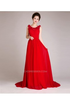 A-Line Beaded Long Red Chiffon Prom Evening Formal Dresses ED011247