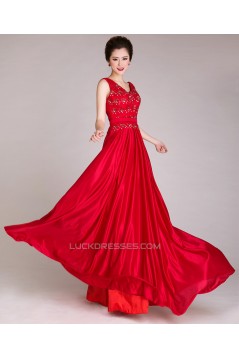 A-Line V-Neck Beaded Long Red Prom Evening Formal Dresses ED011248