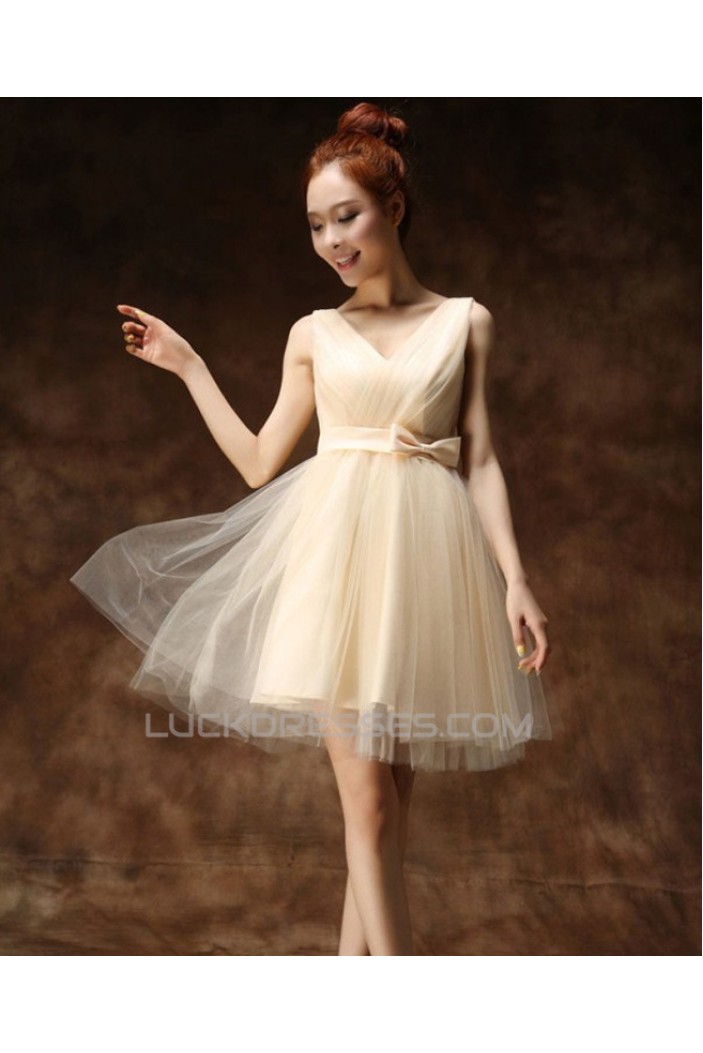 A-Line V-Neck Short Tulle Prom Evening Bridesmaid Dresses ED011264