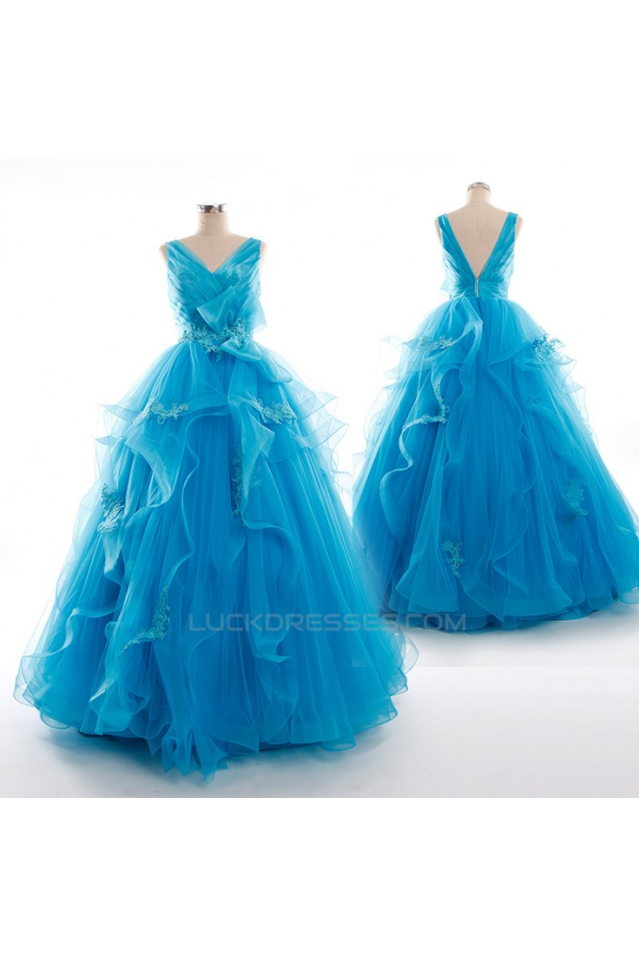 Long Blue V-Neck Tulle Prom Evening Formal Dresses ED011268