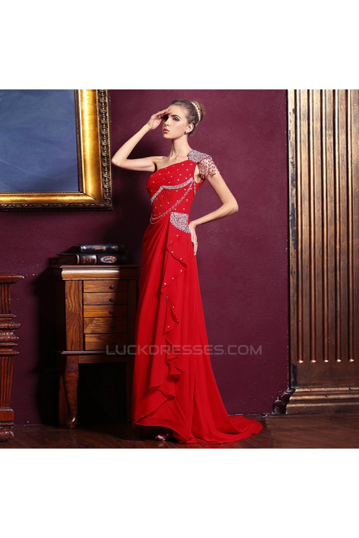 One-Shoulder Beaded Long Red Chiffon Prom Evening Formal Dresses ED011291