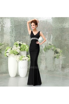 Trumpet/Mermaid V-Neck Beaded Long Black Prom Evening Formal Dresses ED011293