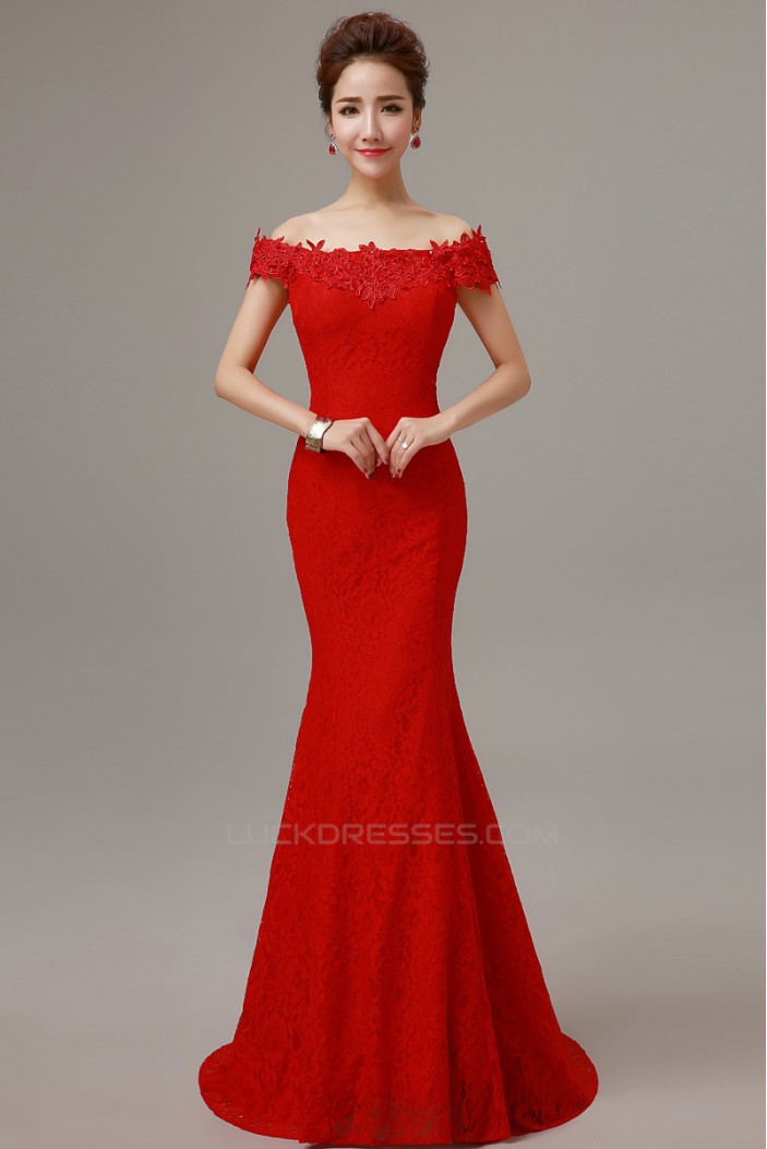 Trumpet/Mermaid Off-the-Shoulder Long Red Lace Prom Evening Formal Dresses ED011297