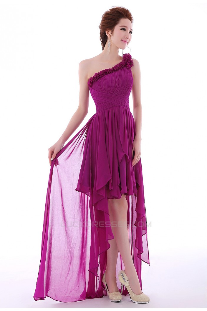 High Low One-Shoulder Short Purple Chiffon Prom Evening Formal Dresses ED011298