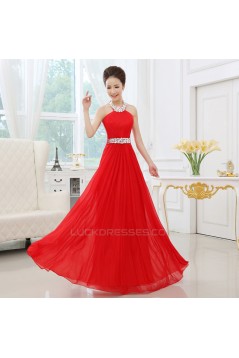 A-Line Halter Beaded Long Red Chiffon Prom Evening Formal Dresses ED011301