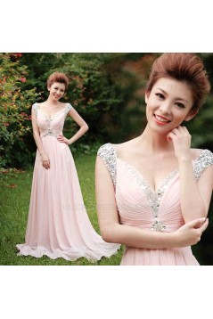 A-Line Beaded Long Pink Chiffon Prom Evening Formal Dresses ED011305