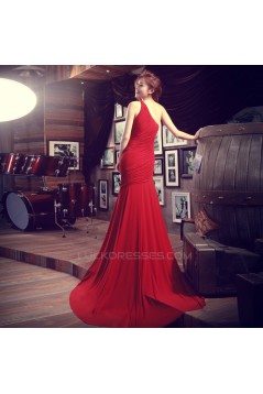 Elegant One-Shoulder Beaded Long Red Chiffon Prom Evening Formal Dresses ED011307