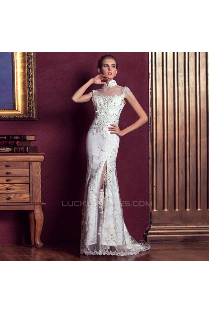 Trumpet/Mermaid High-Neck Beaded Long White Applique Prom Evening Wedding Dresses ED011312