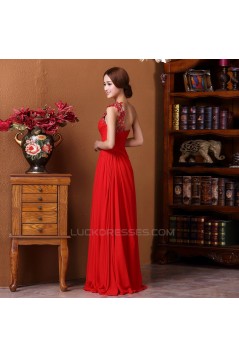 A-Line One-Shoulder Beaded Applique Long Red Chiffon Prom Evening Formal Dresses ED011315
