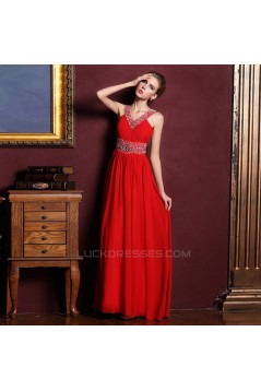A-Line V-Neck Beaded Long Red Chiffon Prom Evening Formal Dresses ED011316