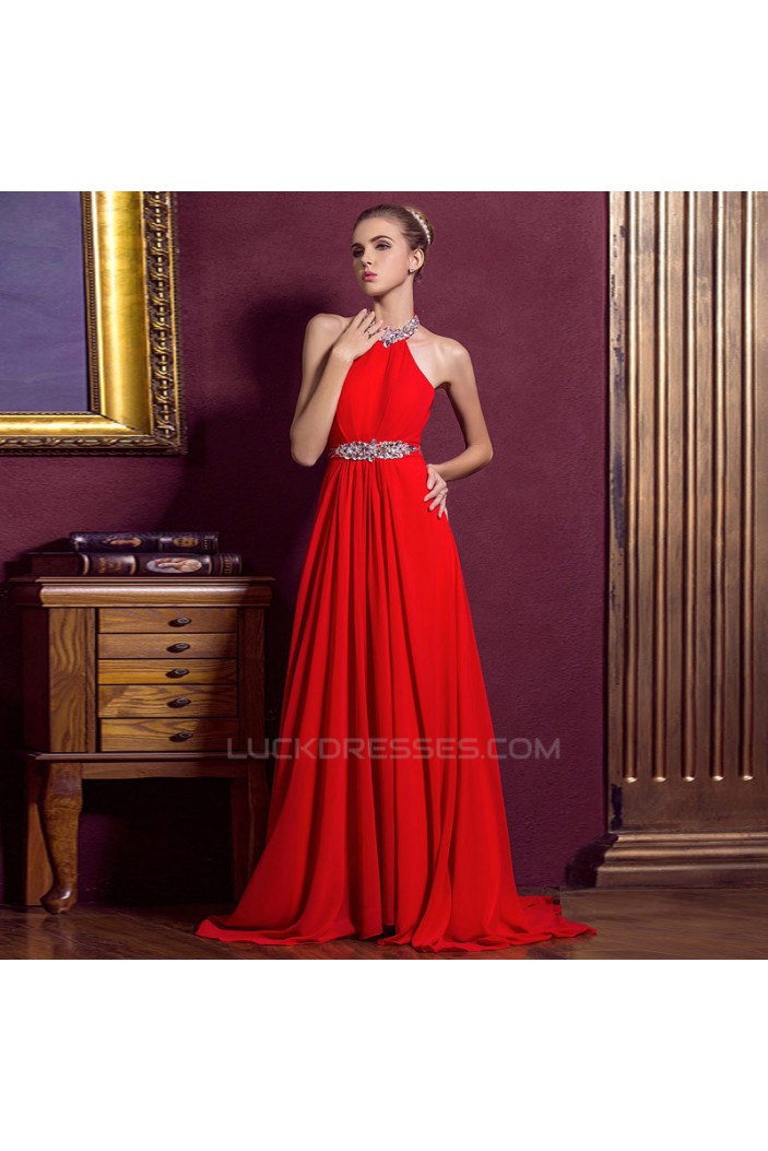 A-Line Halter Beaded Long Red Chiffon Prom Evening Formal Dresses ED011332