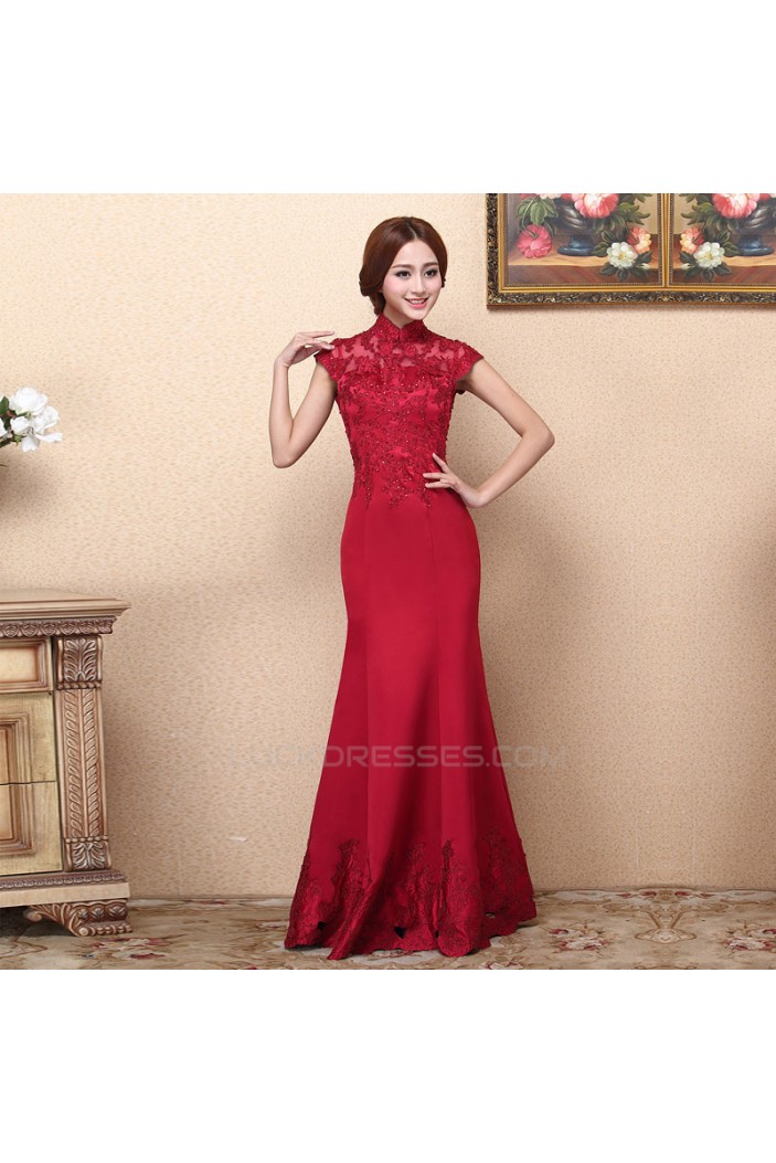 Trumpet/Mermaid High-Neck Beaded Applique Long Red Prom Evening Formal Dresses ED011346