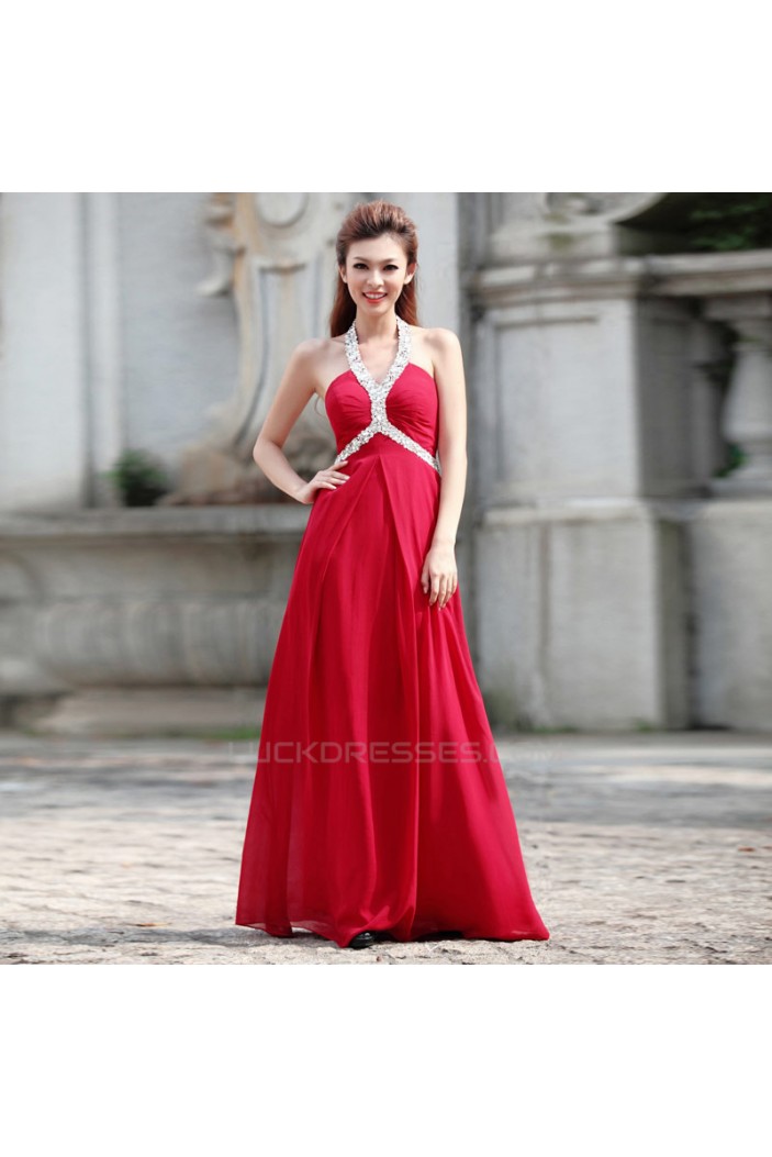 A-Line Halter Beaded Long Chiffon Prom Evening Formal Dresses ED011350