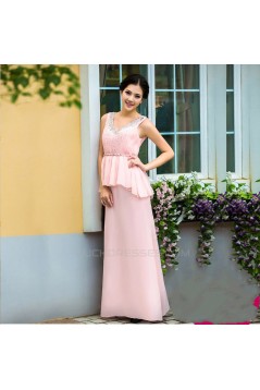 Affordable V-Neck Long Pink Beaded Chiffon Prom Evening Formal Dresses ED011355