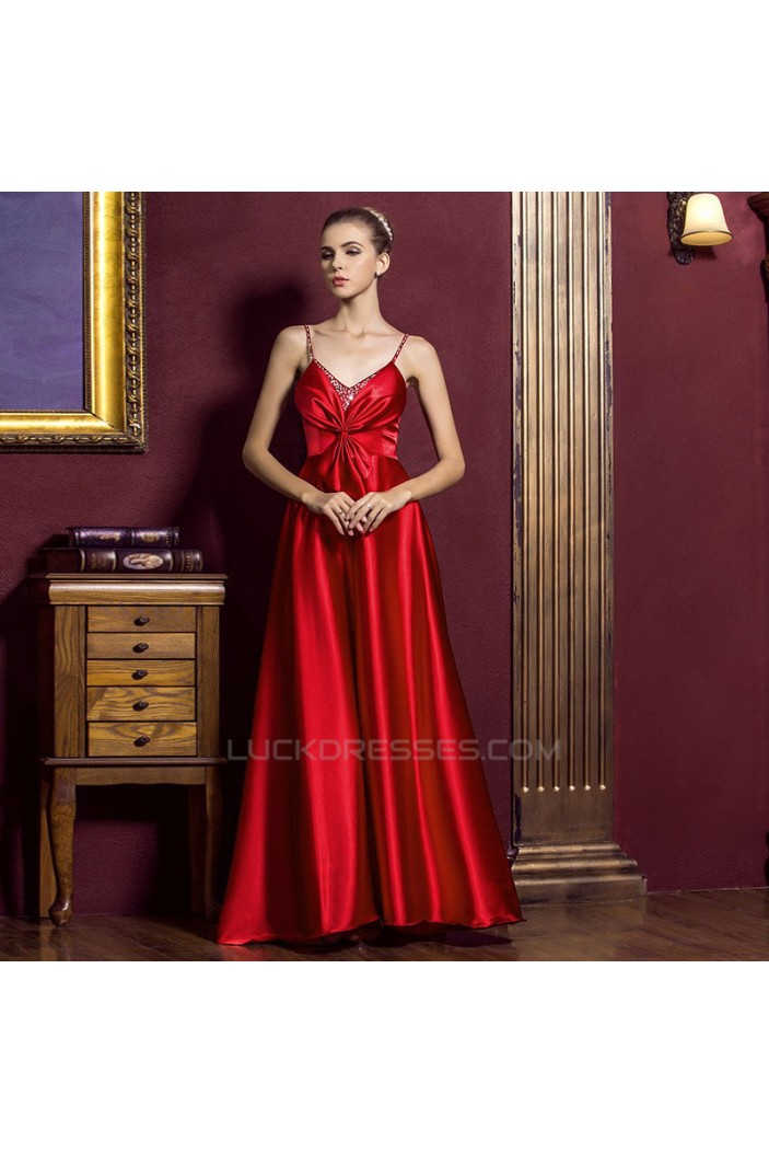 A-Line Spaghetti Strap Beaded Long Red Prom Evening Maternity Evening Dresses ED011365