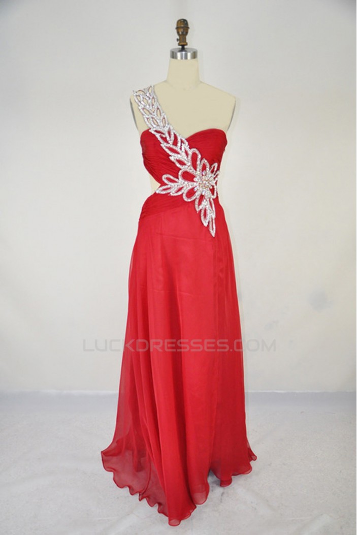 A-Line One-Shoulder Beaded Long Red Chiffon Prom Evening Formal Dresses ED011406