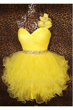 Short/Mini One-Shoulder Beaded Yellow Tulle Prom Evening Cocktail Dresses ED011432