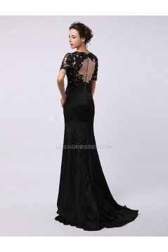 Trumpet/Mermaid Short Sleeve Beaded Applique Long Black Prom Evening Formal Dresses ED011474