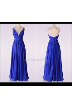A-Line V-Neck Beaded Long Blue Chiffon Prom Evening Formal Dresses ED011475