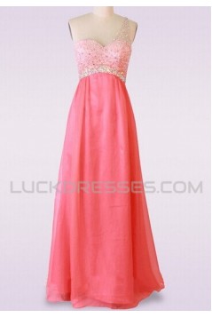 A-Line One-Shoulder Beaded Long Pink Chiffon Prom Evening Formal Dresses ED011478