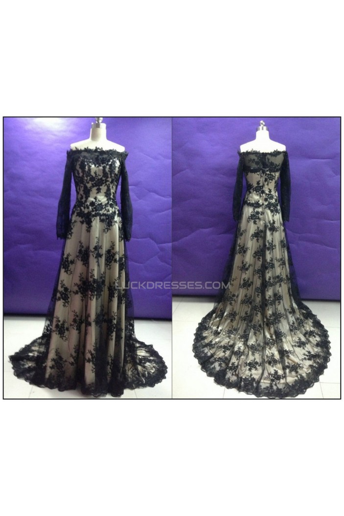 A-Line Off-the-Shoulder Long Sleeve Black Lace Prom Evening Formal Dresses ED011483