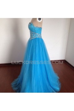 A-Line Sweetheart Beaded Long Blue Tulle Prom Evening Formal Dresses ED011491