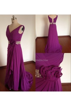 A-Line V-Neck Beaded Long Purple Chiffon Prom Evening Formal Dresses ED011496