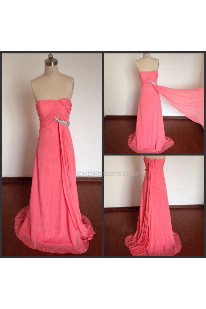 A-Line Strapless Beaded Long Pink Chiffon Prom Evening Formal Dresses ED011498