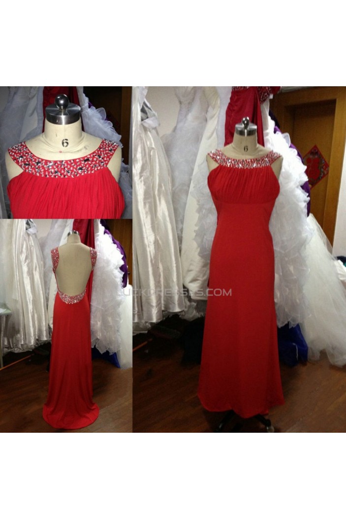 A-Line Beaded Long Red Chiffon Prom Evening Formal Dresses ED011501