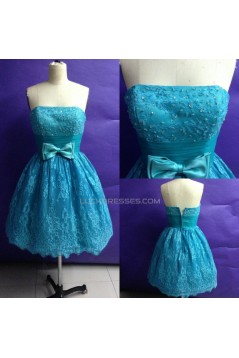 A-Line Strapless Short Beaded Blue Lace Prom Evening Bridesmaid Dresses ED011502