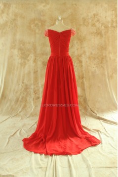 A-Line Beaded Cap-Sleeve Long Red Chiffon Prom Evening Formal Dresses ED011509