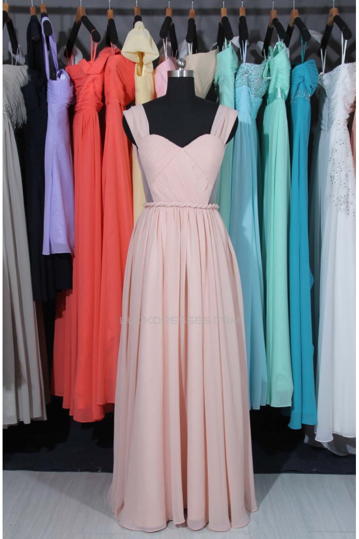A-Line Straps Long Pink Chiffon Prom Evening Formal Dresses ED011514