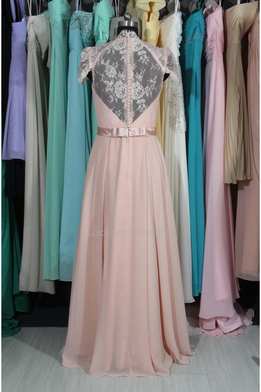 A-Line V-Neck Cap-Sleeve Lace and Chiffon Prom Evening Formal Dresses ...