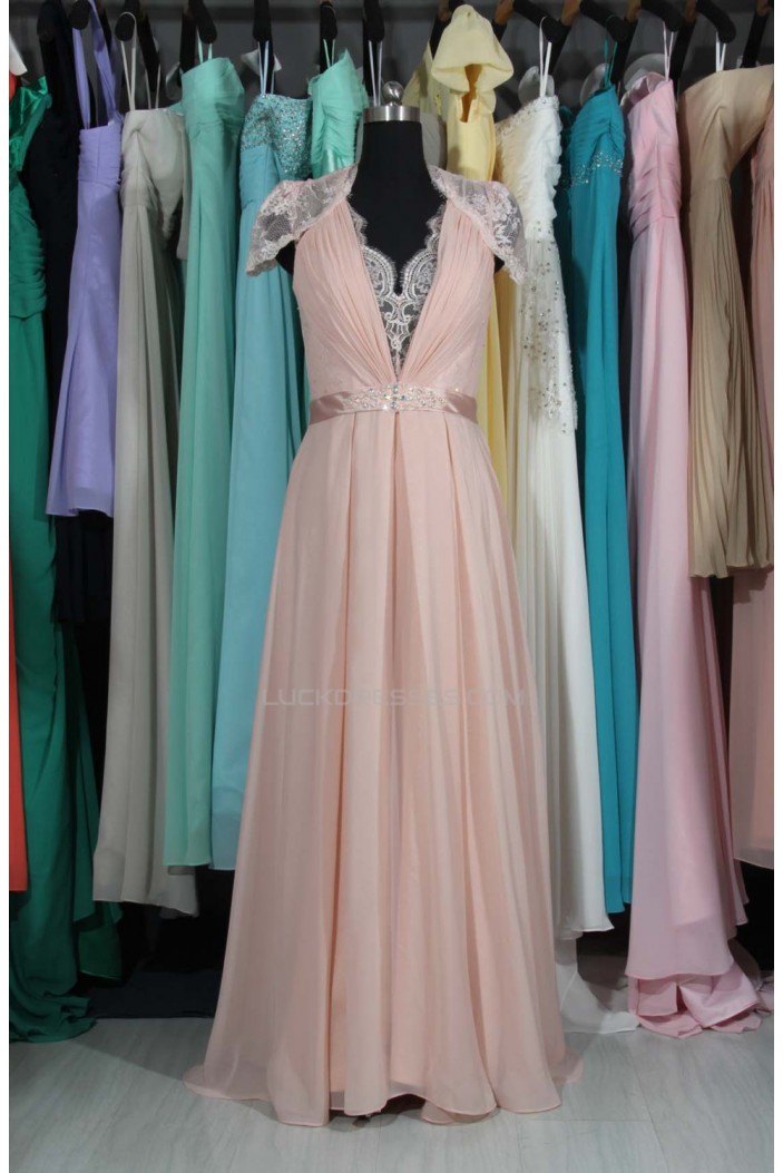 A-Line V-Neck Cap-Sleeve Lace and Chiffon Prom Evening Formal Dresses ED011516