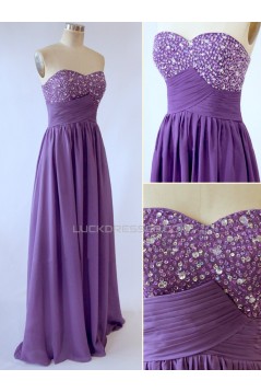 A-Line Sweetheart Beaded Long Purple Chiffon Prom Evening Formal Dresses ED011524