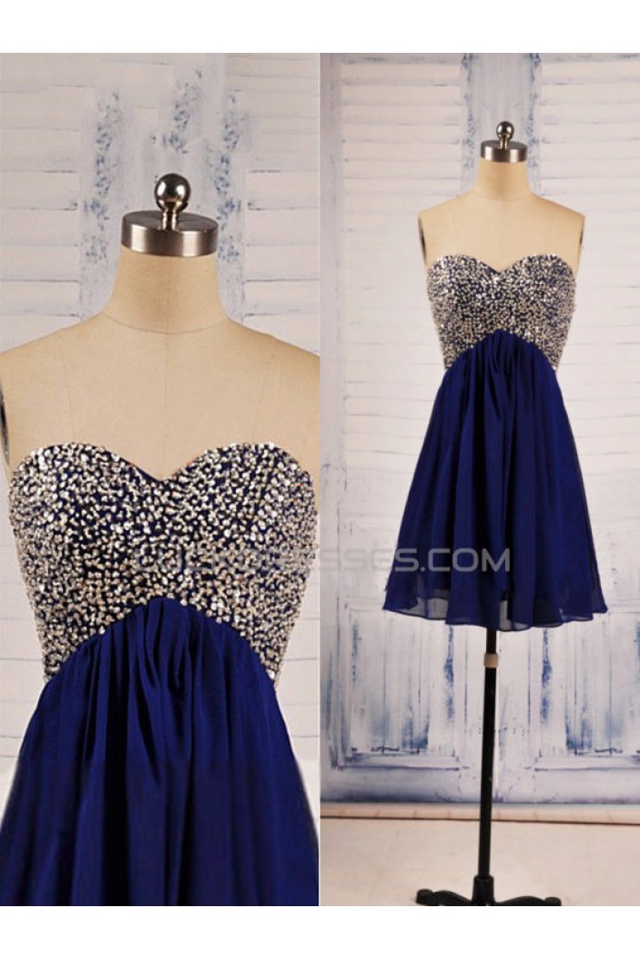 A-Line Sweetheart Beaded Short Blue Chiffon Prom Evening Formal Dresses ED011538