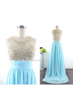 A-Line Beaded Long Blue Chiffon Prom Evening Formal Dresses ED011541