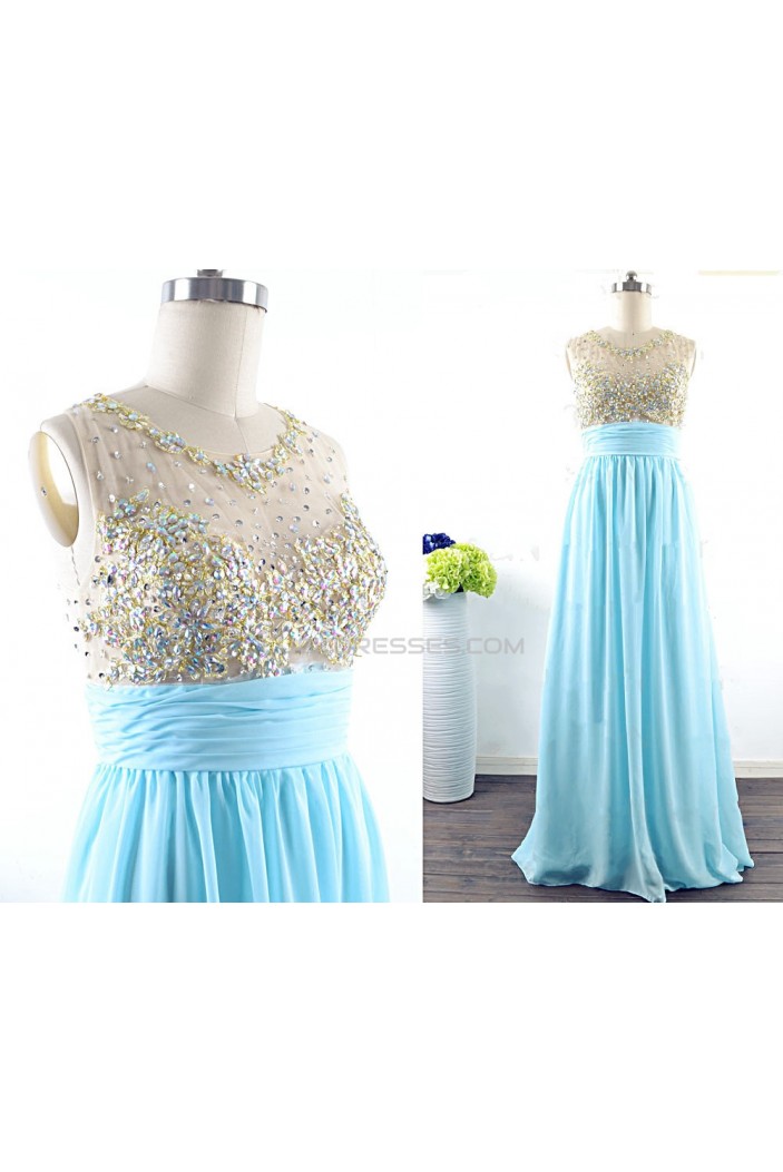 A-Line Beaded Long Blue Chiffon Prom Evening Formal Dresses ED011541