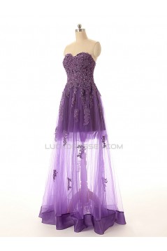 A-Line Sweetheart Long Purple Applique and Tulle Prom Evening Formal Dresses ED011551