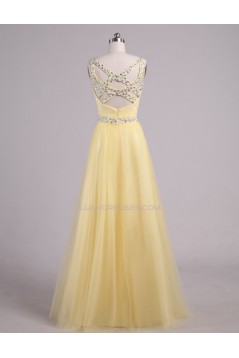 A-Line Beaded Tulle Long Yellow Prom Evening Formal Dresses ED011554