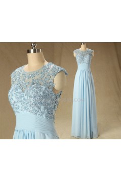 A-Line Jewel Long Blue Applique and Chiffon Prom Evening Formal Dresses ED011561