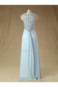 A-Line Jewel Long Blue Applique and Chiffon Prom Evening Formal Dresses ED011561