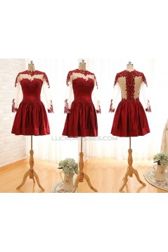 A-Line Jewel Long Sleeve Red Applique and Satin Prom Evening Formal Dresses ED011563